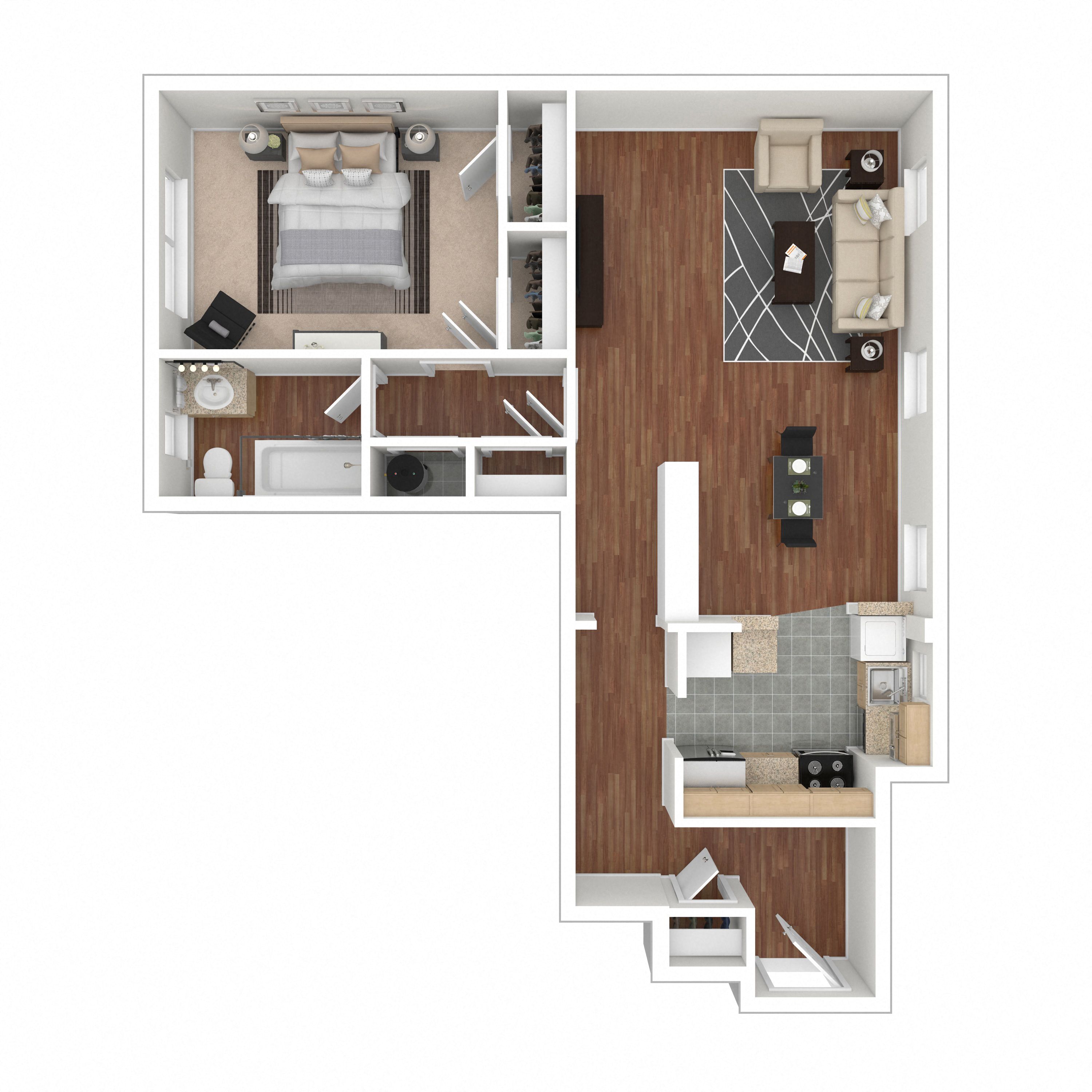 Floor plan for 1 bed, 1 bath, 700 sqft
